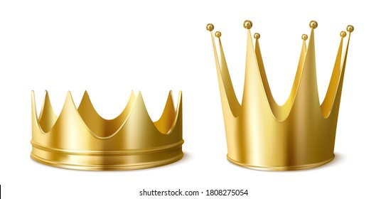 Golden crowns for king or queen, low and high crowning headdress for Monarch Person. Royal gold monarchy medieval emperor coronation symbol, isolated imperial sign, Realistic 3d vector illustration