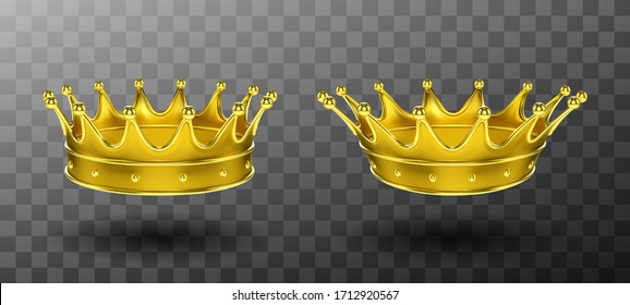 Golden crowns for king or queen set isolated on transparent background. Crowning headdress for Monarch. Royal gold monarchy medieval coronation symbol, imperial sign. Realistic 3d vector illustration