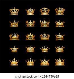 Golden crowns on a black background, icon set