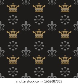 Golden Crowns On Black Wallpaper, seamless pattern, background, vector