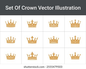 Golden Crowns Regal Symbols, Monarchy, Royalty, Majesty. Simple Crowns Set Vector Illustration