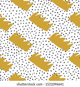 Golden crowns seamless pattern. Doodle crown on polka dot background.  Queen and king symbol endless backdrop.  Cute design for child fabric, textile print, wrapping paper. Vector illustration