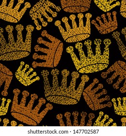 Golden crowns seamless pattern, repeating vector background with hand drawn lines textures.