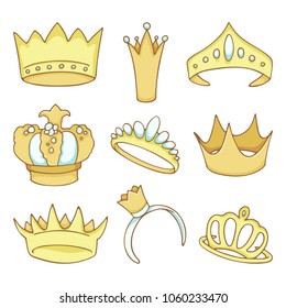 Golden crowns set of colored vector drawings for design and illustration.