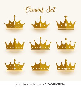 golden crowns set in flat style design