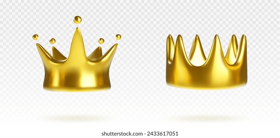 Golden crowns set isolated on transparent background. Vector realistic illustration of royal symbol, gold metal jewelry with shiny glossy surface, medieval treasure design, king or queen accessory