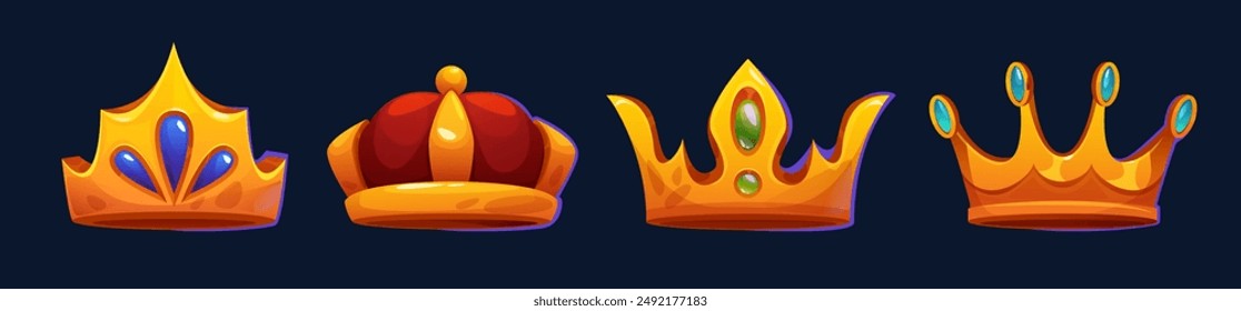 Golden crowns set isolated on black background. Vector cartoon illustration of precious royal decoration with red velvet and color gemstones, king or queen costume element, monarchy power symbol