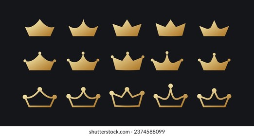 Golden crowns set. Monarch vip headdress with imperial heraldic symbols and classic design of ruling vector kingdom