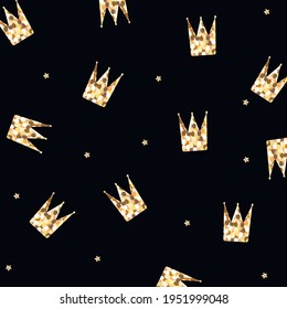 Golden crowns and stars pattern vector illustration. Fashion background for wrapping paper, textile, kids. King or queen crowns and stars on black background.