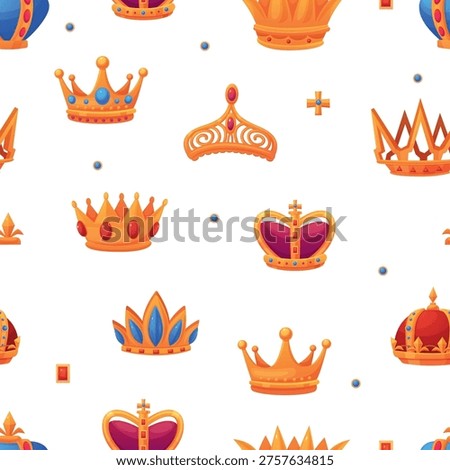 Golden crowns and tiaras. Monarchy attributes, jewelry head decorations with stones. Crown seamless pattern template, art print, vector background