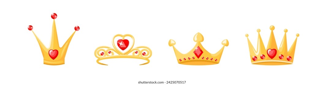 Golden crowns and tiaras with red ruby set. Elegant jewelry for queens and princes with hearts monarchical design and vintage gemstones with royal vector style