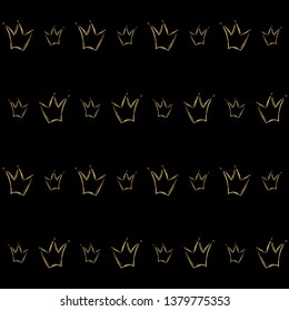 Golden crowns vector pattern in hand drawn style. Gold metal color crown icons line art on black. Royal symbols of king, queen, prince or princess. Crowns pattern.