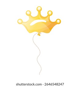 Golden crown-shaped balloon with a string on a white background. Vector illustration in a cartoon style. Perfect for princess parties, royal-themed events, birthday decor, and children’s invitations.