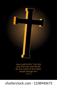 A golden Crucifix with a halftone screen effect in the back symbolizing the light, and a Gospel quote