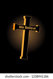 A golden Crucifix with a halftone screen effect in the back symbolizing the light
