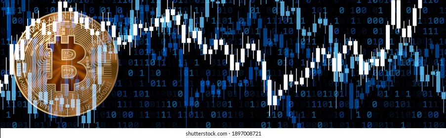 Golden crypto bitcoin currency with chart and binary code. Black background. Banner. Vector illustration.