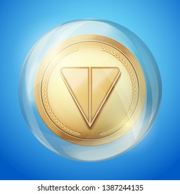 Golden crypto coin with Ton sign in bubble. Concept of Telegram blockchain symbol. Vector Illustration isolated on white background.