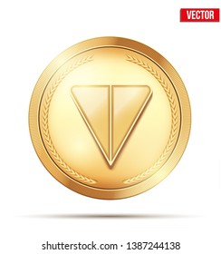 Golden crypto coin with Ton sign. Concept of Telegram blockchain symbol. Vector Illustration isolated on white background.