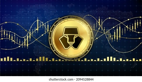 Golden crypto.com currency coin. Electronic crypto currency modern technology. Digital cryptocurrency block chain market token banner. On world map chart background. 3D Vector.
