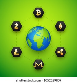 Golden crypto symbols across globe on shiny green background. 