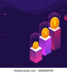 Golden cryptocoins on podium, purple background. Golden cryptocoins on podium, purple background.