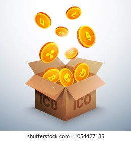 Golden cryptocurrencies coins coming out from an ICO box.