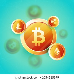 Golden cryptocurrencies on skyblue background.