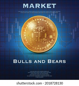 Golden cryptocurrency coin isolated on blue exchange market background with sample text