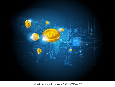 fichas de monedas de criptomoneda dorada en tablero de circuitos y fondo de mapas global , Ilustrador vector