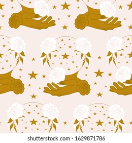 golden crystal globe, hands, celestials and flowers in a seamless pattern design, perfect to use on the web or in print