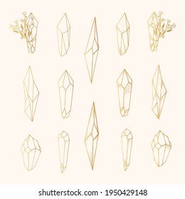 Golden crystals and gems. Celestial set with gold diamonds. Vector isolated gold mystical stones.