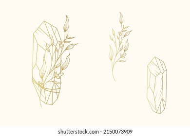 Golden crystals, a twig and a bouquet of elements. Hand drawn isolated set of magic symbols. Vector illustration for witchcraft.
