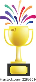 Golden ctrophy cup with colorful sparks vector design. Gold trophy with number 1 sign.