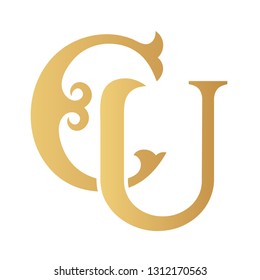 Golden CU monogram isolated in white.