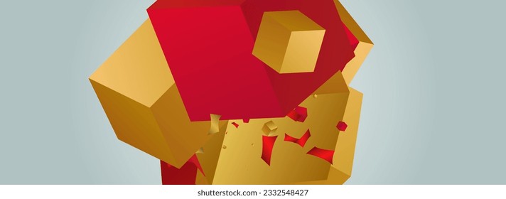 Golden Cube Falling Isolated Vector Panoramic Grey Background. Orange Square Flying Volume Design. Gold and Red Box Technology Banner. Geometric Confetti Fashion Wallpaper.