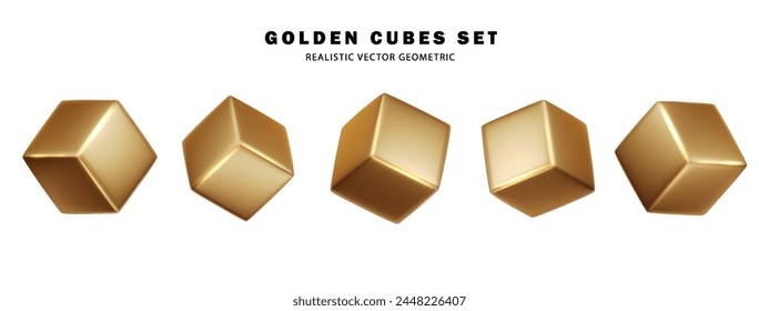 Golden cube. Gold box metallic shape. Geometric gold square realistic collection.