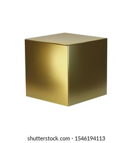 Golden cube isolated on white background. Design element of 3d box gold color. Vector illustration