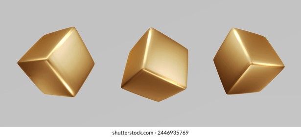 Golden cube Isolated. Realistic 3d object shapes cube and geometric block, square. Gold color vector element