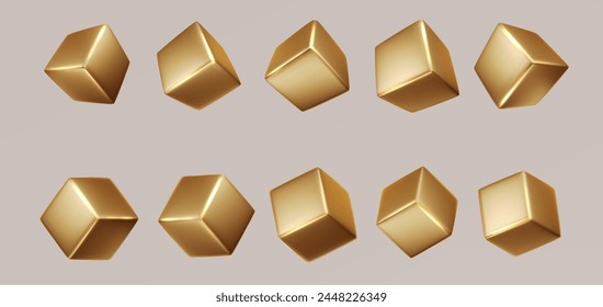 Cubos de oro 3D realista. Bloques de metal amarillo desde diferentes ángulos isométricos. Diseño de metal de Formas cuadradas doradas.