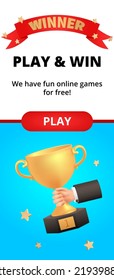 Golden cup 3d red ribbon winner 1st place minimal, gold winners hold in hand. Champion award ceremony concept in cartoon style. Trophy vector banner design template for web. Game or education.