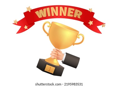 Golden cup 3d red ribbon winner 1st place minimal, gold winners hold in hand. Champion award ceremony concept in cartoon style. Trophy vector render isolated on white background. Game or education.