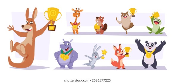 Golden cup. Animal holding trophy medal for different achievements exact vector cartoon concept illustration