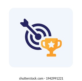 Golden cup with arrow hitting the target center vector icon. Winner of the competition. Champion win trophy. Successful symbol, achievement illustration.