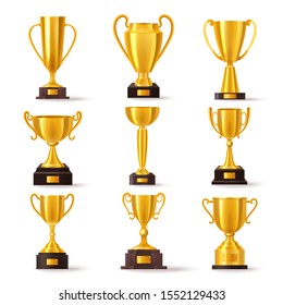 Golden cup award, first place gold trophy prize vector flat icons. Soccer sport champion winner golden cup and best achievement reward bowl with name plate on pedestal