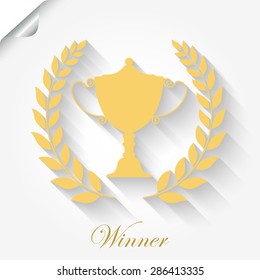 Golden Cup Award with laurel wreath, First place trophy, Prize for winner gold bowl, flat icon button with shadow - vector, well layered