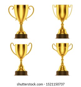 Golden cup award realistic 3D vector design, gold goblet trophy prize. Champion first place victory reward, sport championship winner cup award