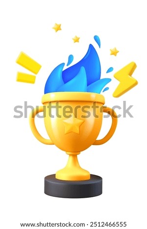 Golden cup with blue flame. 3d vector illustration isolated on white background