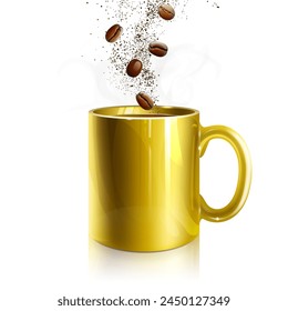golden cup with brewed natural coffee on a white background