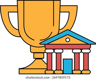 A golden cup with a building in the background. The cup is placed on a table. The building is red and blue