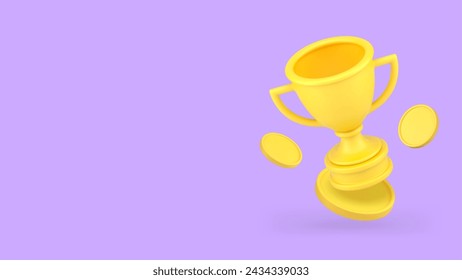 Premio de negocios de la taza de oro con la copia del banner del dinero en efectivo de la moneda icono 3d ilustración vectorial realista. Mejor recompensa premio de primer lugar premio campeón logro victoria victoria torneo de triunfo